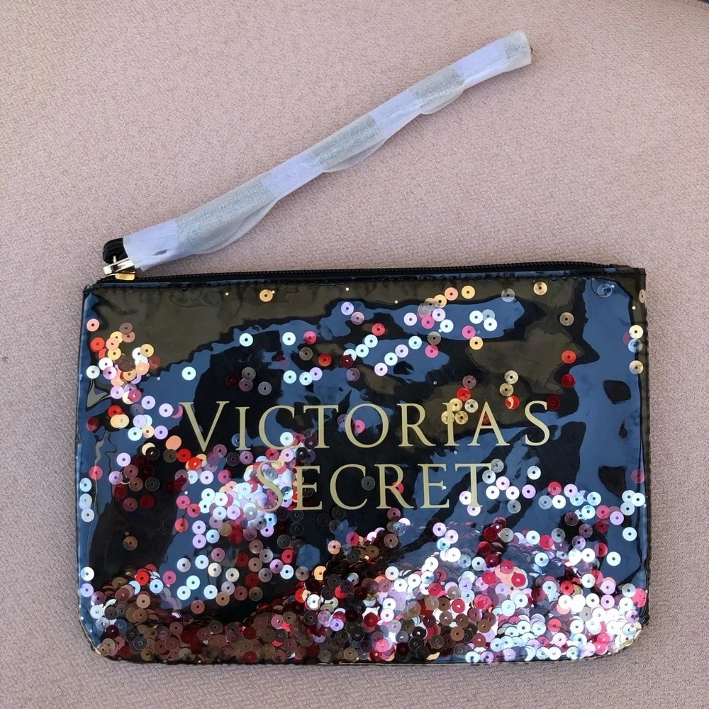 Victoria’s Secret Loose Sequins Removable Strap Wristlet Clutch Makeup Bag